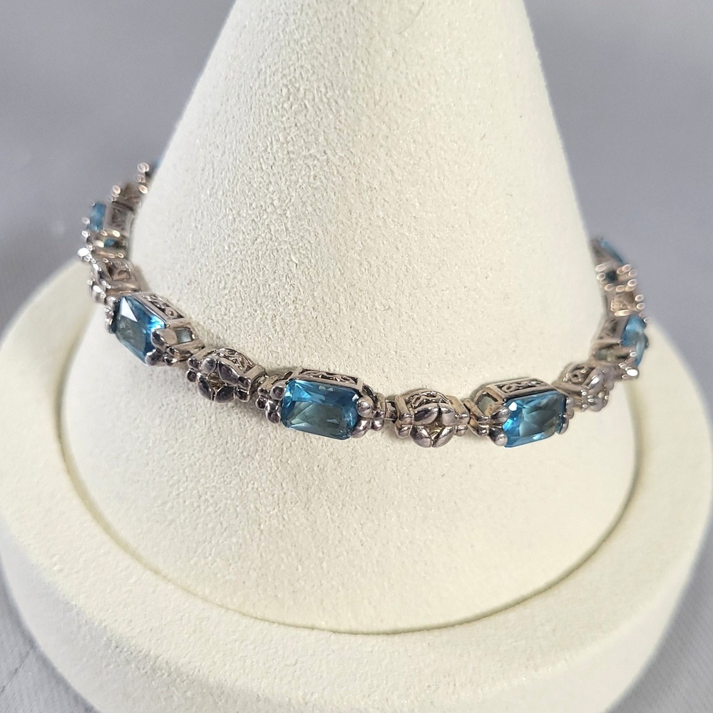 Ross-Simons Sterling Silver Link Bracelet Aqua Blue Glass Ornate Tennis 925
